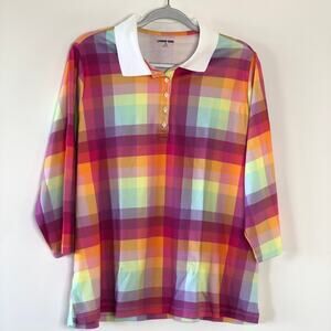 Lands End Womens Top Size 1X Plaid Polo Top 3/4 Sleeve Plaid NEW 100% Cotton